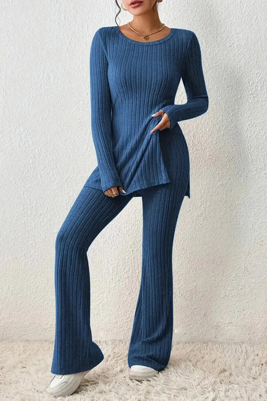 Ribbed Long Sleeve Slit Top and Bootcut Pants Set - CHIC TB