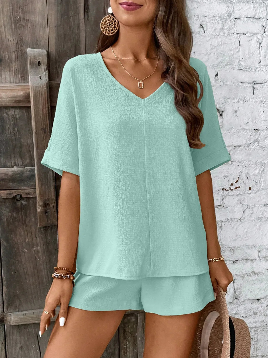 V-Neck Half Sleeve Top and Shorts women Set - CHIC TB