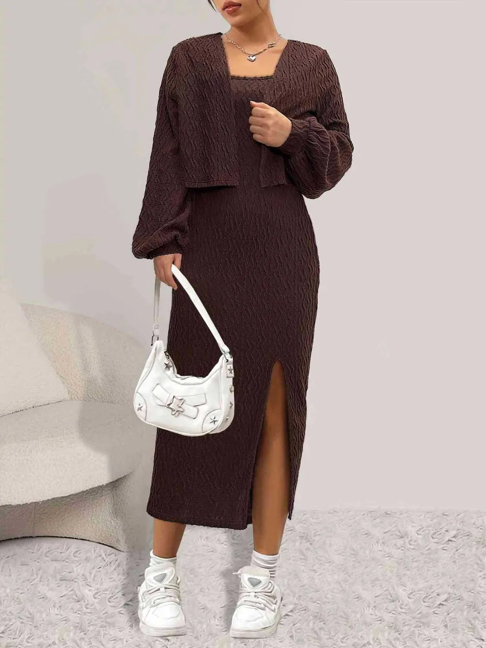 Open Front Long Sleeve Cardigan and Side Slit Cami Dress Set.