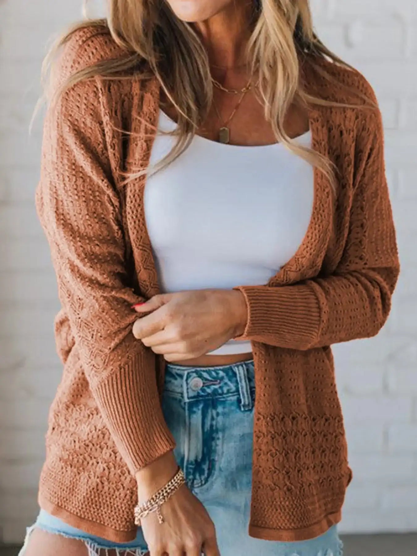 Open Front Knitted Cardigan with Eyelet Details.