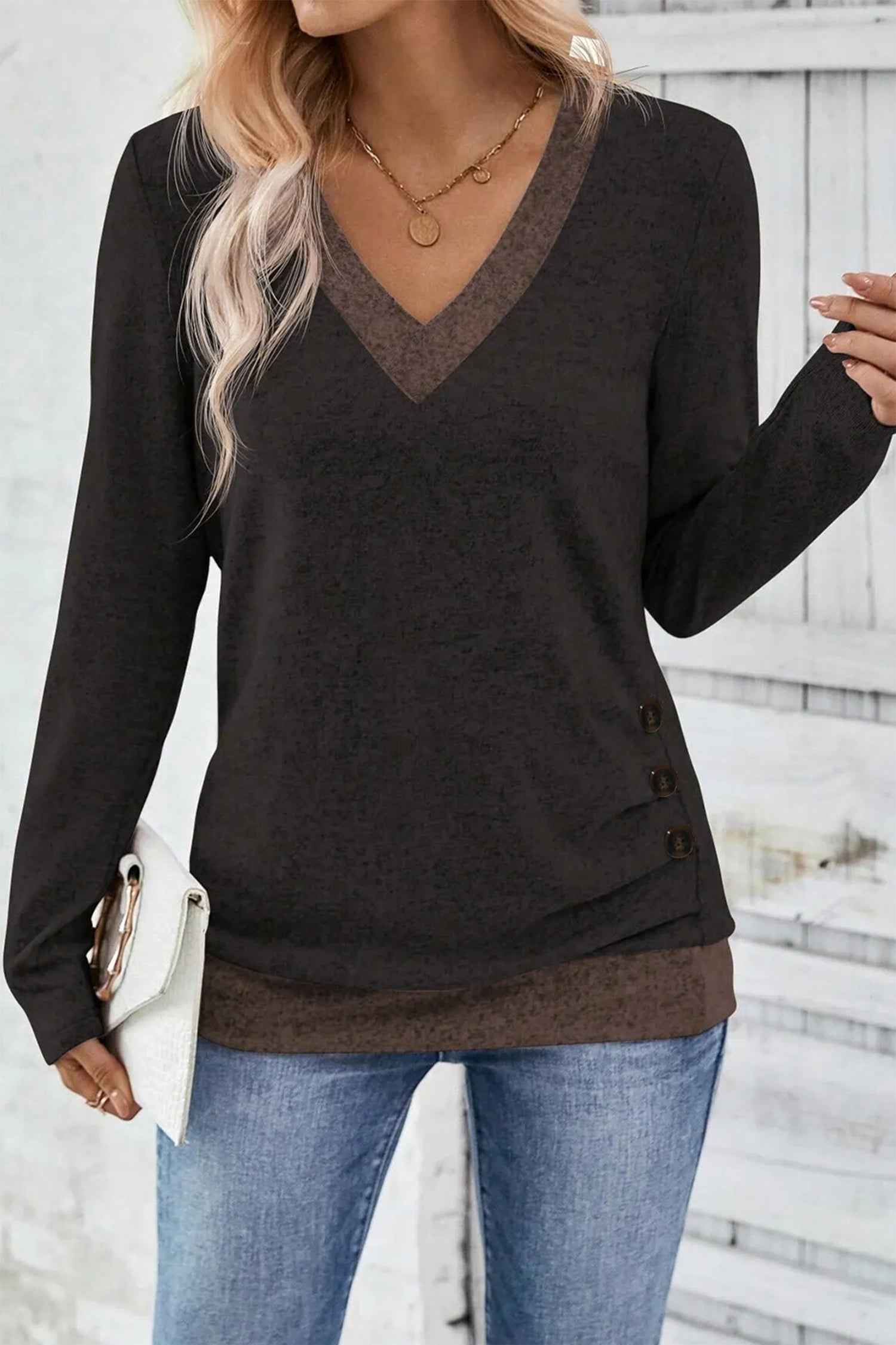 Chicory Coffee Color Block Trim V Neck Button Decor Long Sleeve Top