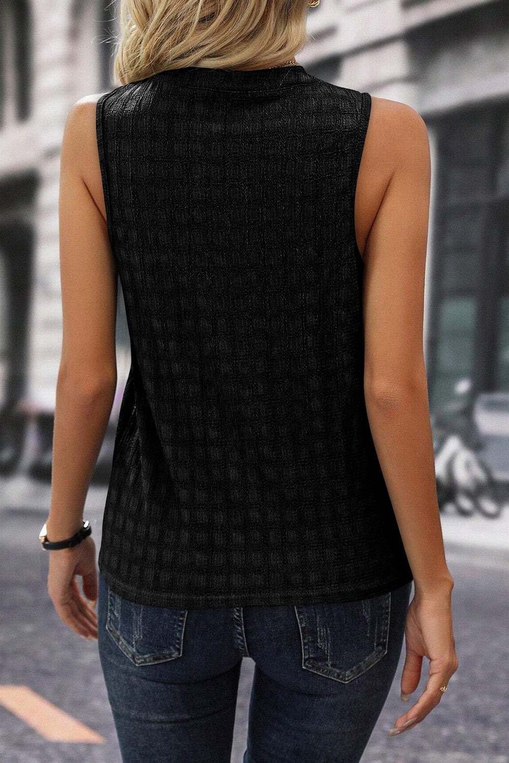 Black Lattice Textured Split Neck Tank Top Dear-Lover Dropshipping