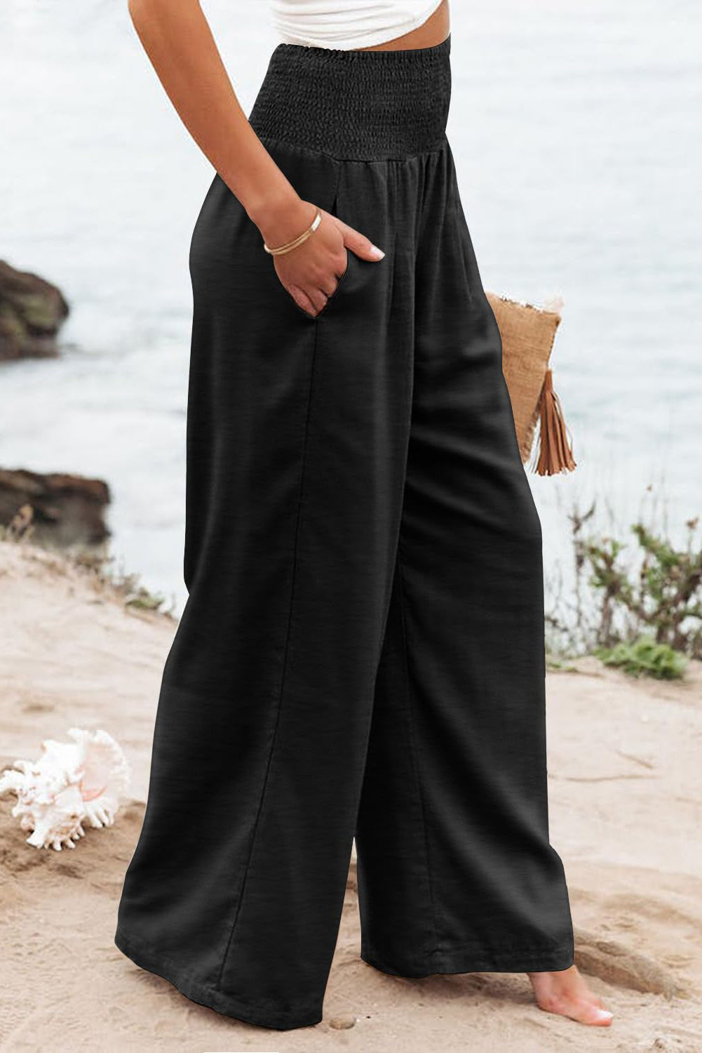Black Shirred High Waist Plus Size Wide Leg Pants Dear-Lover Dropshipping