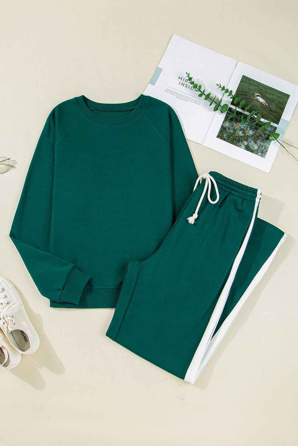 Sea Green Solid Color Pullover Top Varsity Stripe Detail Loose Drawstring Pants Set