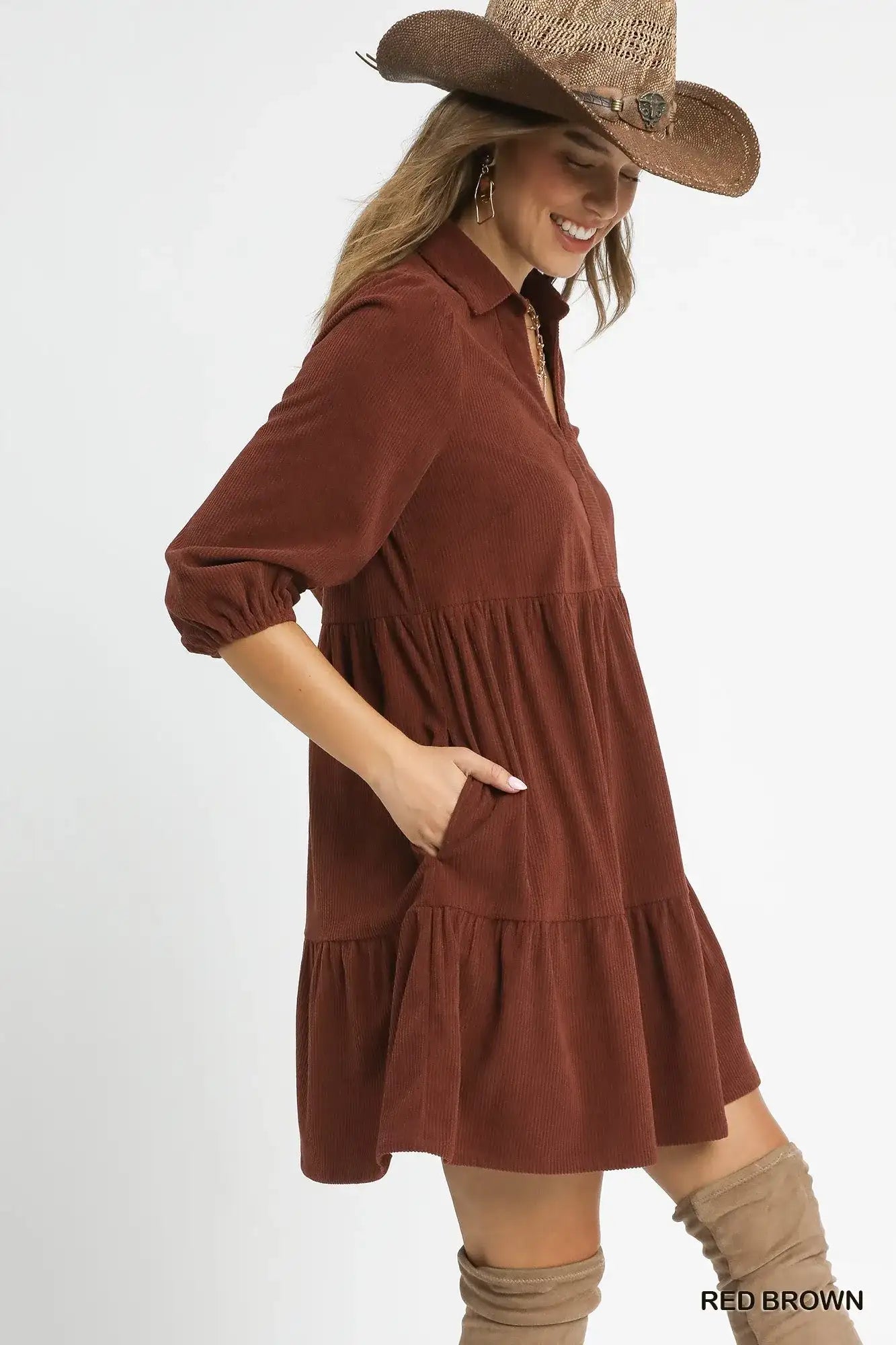 Umgee Tiered Corduroy Mini Dress with Balloon Sleeves.