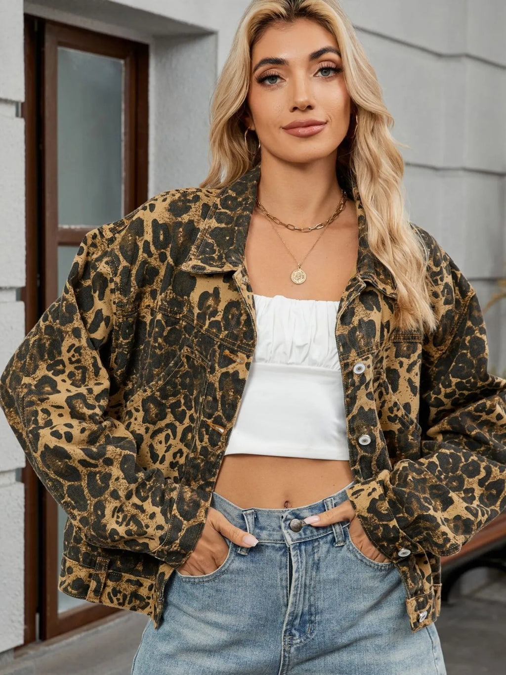 Leopard Print Button Up Denim Jacket.