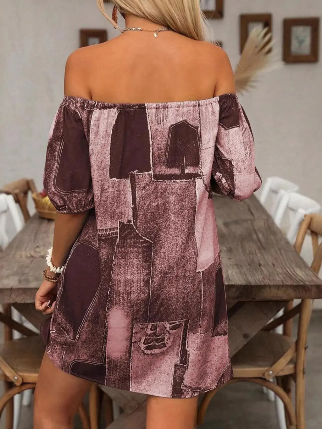 Patchwork Off Shoulder Denim Mini Dress.