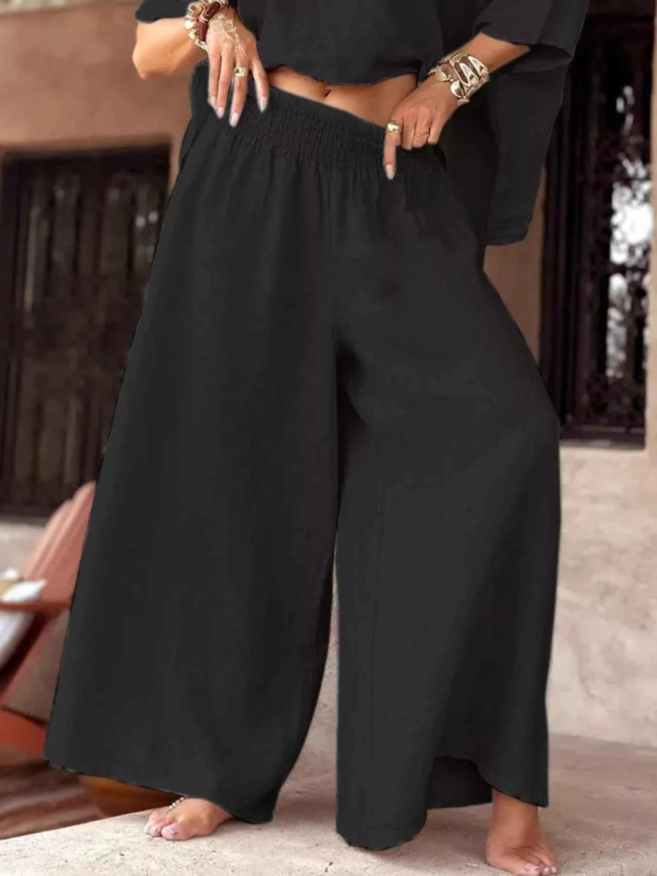Full Size Boat Neck Top and Wide Leg Pants Set Plus Size.
