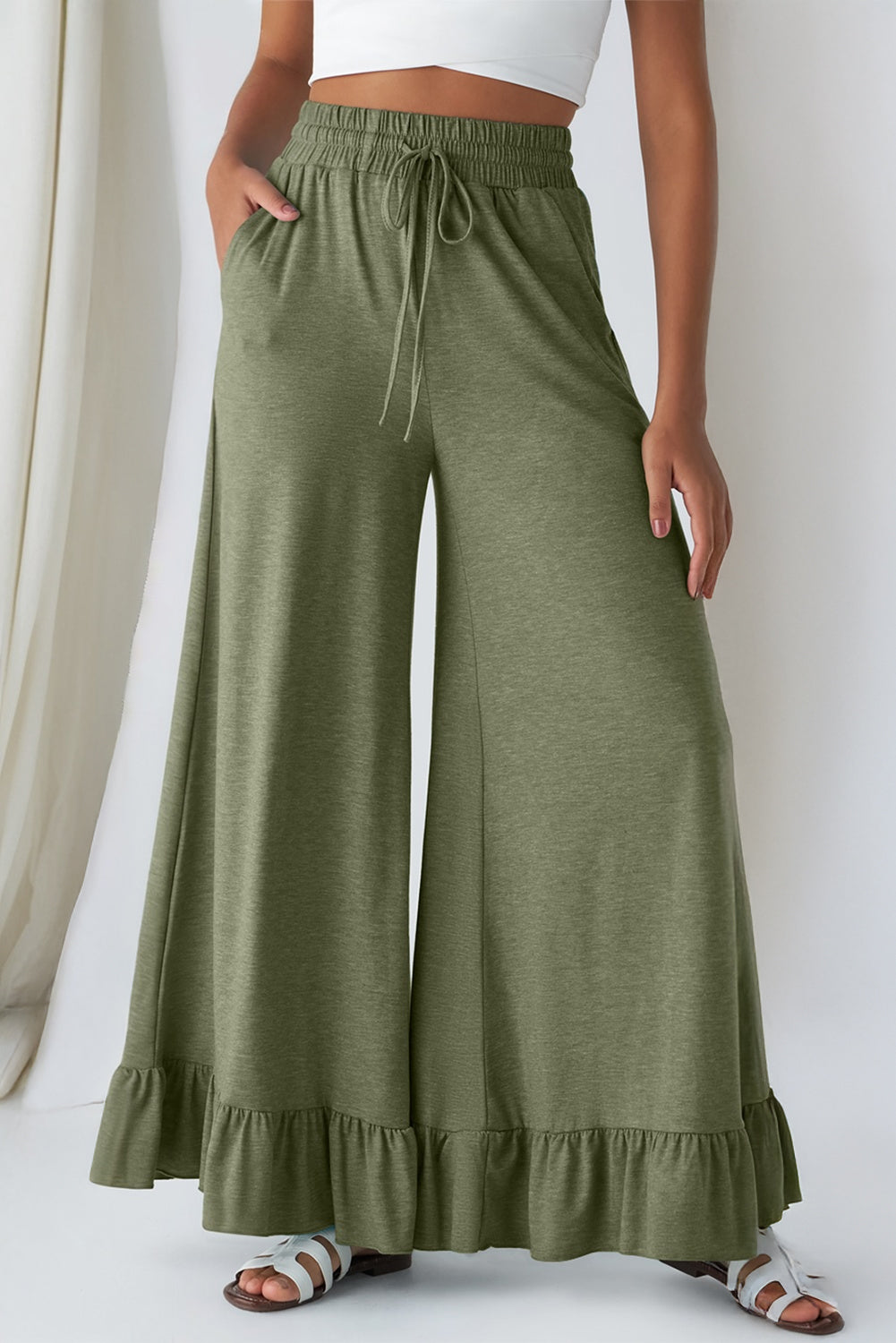 Jungle Green Ruffled Wide Leg Pull On High Waist Pants with Pockets Dear-Lover Dropshipping