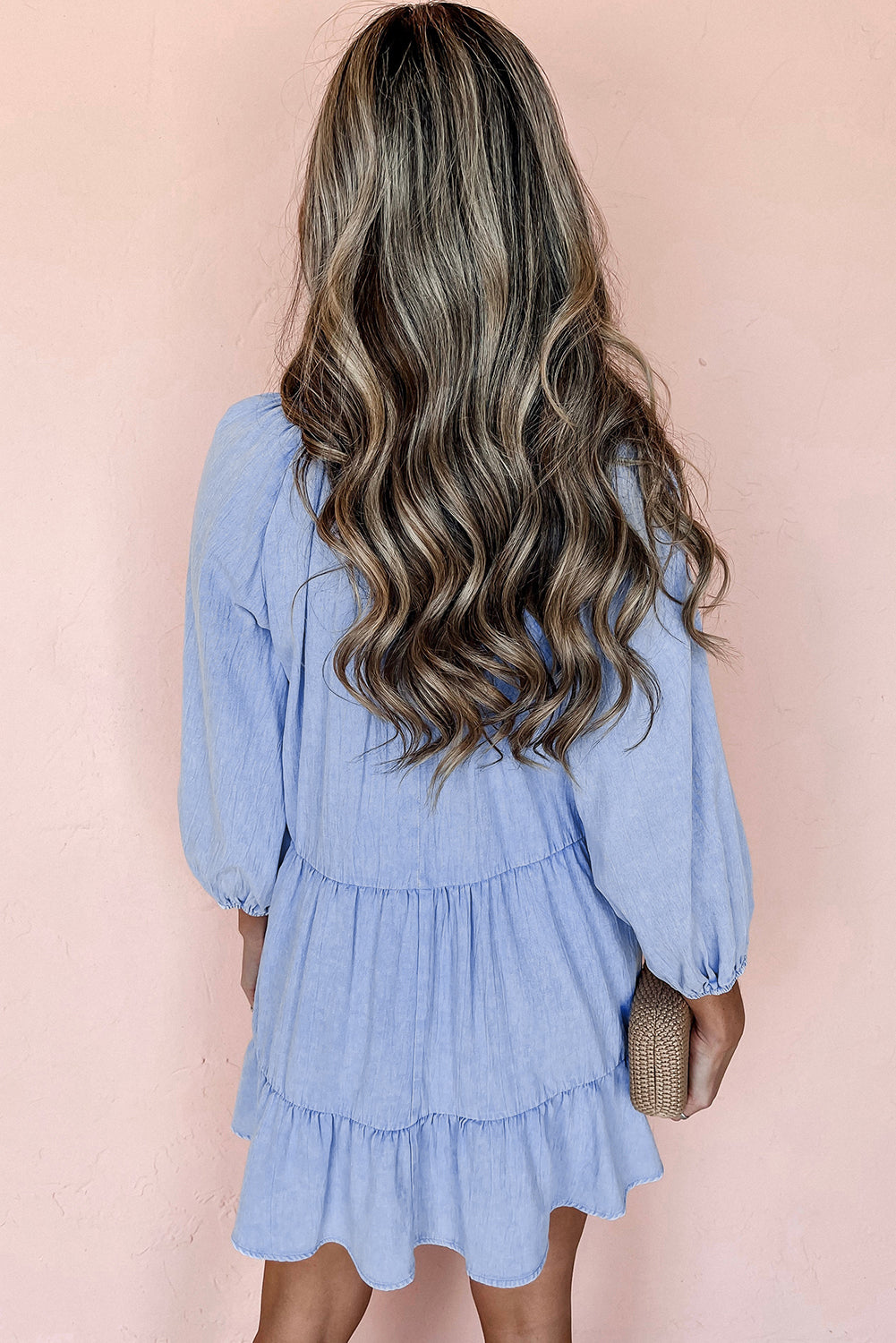 Beau Blue Puff Sleeve V Neck Tiered Ruffled Chambray Mini Dress Dear-Lover Dropshipping
