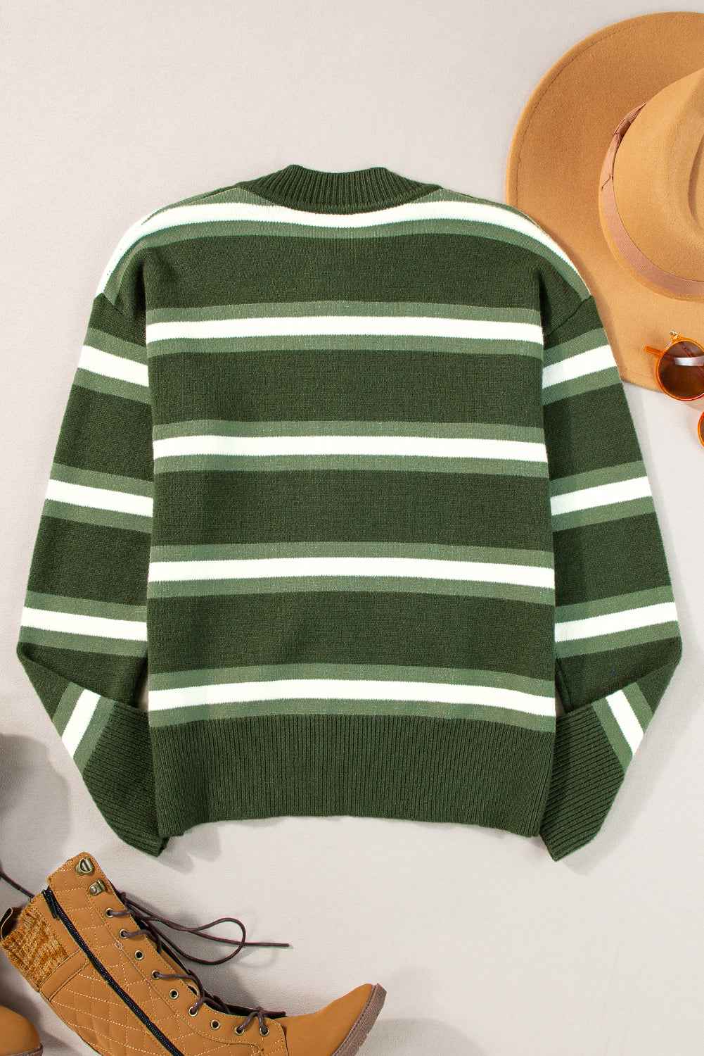 Green Stripe Drop Shoulder Buttons Cardigan Sweater