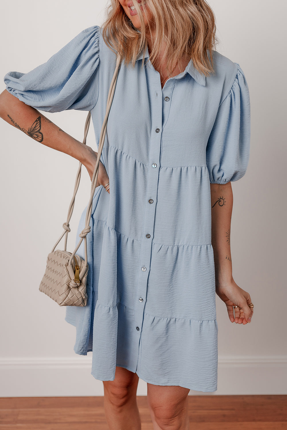 Beau Blue Shirt Collar Button Up Short Puff Sleeve Tiered Shift Dress Dear-Lover Dropshipping