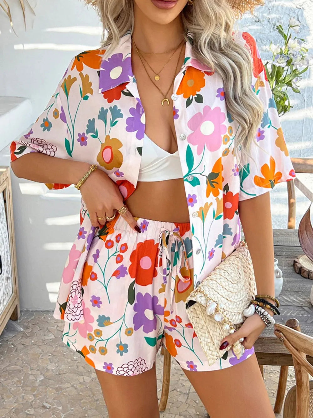 Buttoned Shirt and Shorts Set - CHIC TB