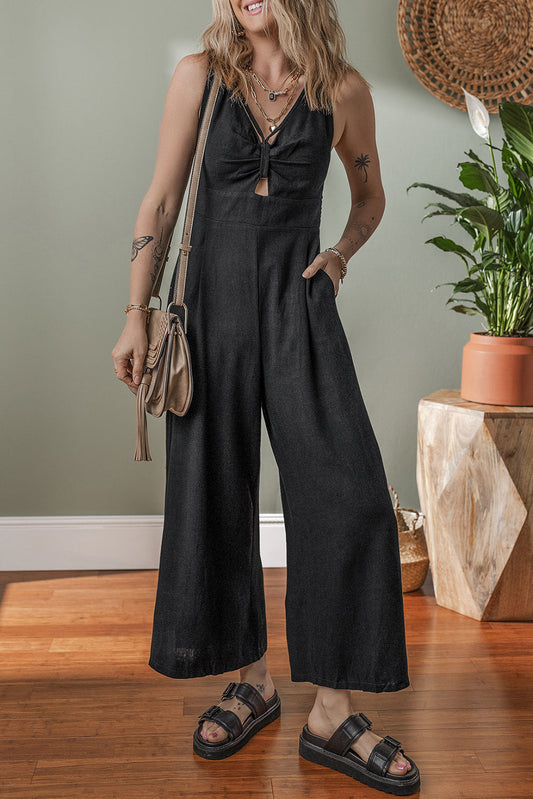Black Front Cut Out Smocked Back Sleeveless Wide Leg Jumpsuit Dear-Lover Dropshipping