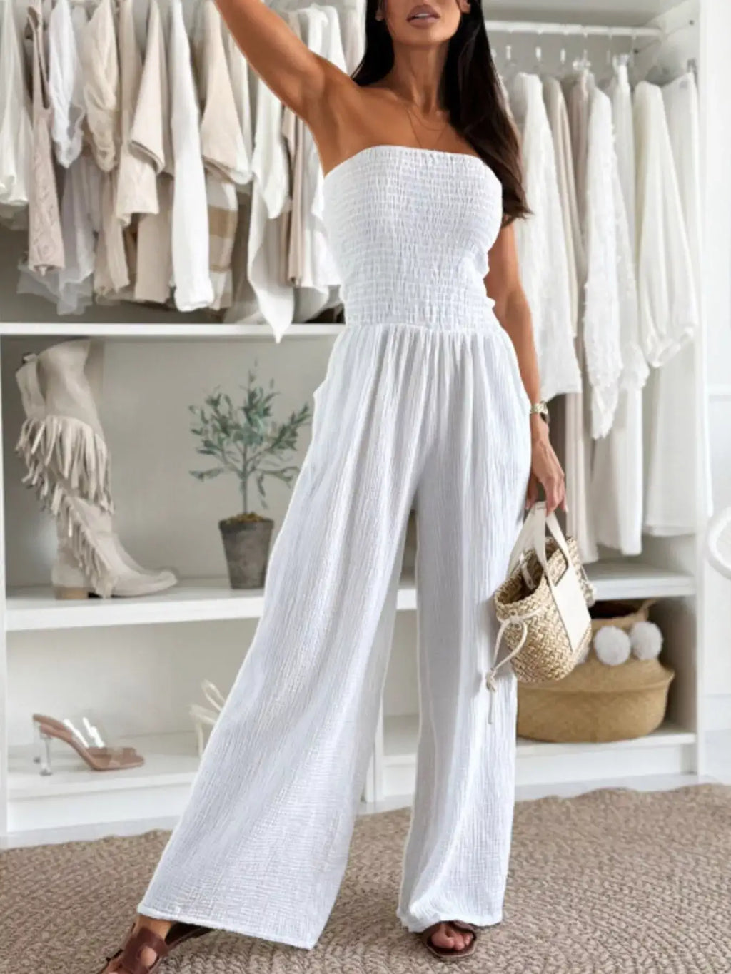 Smocked Tube Wide-Leg Jumpsuit.