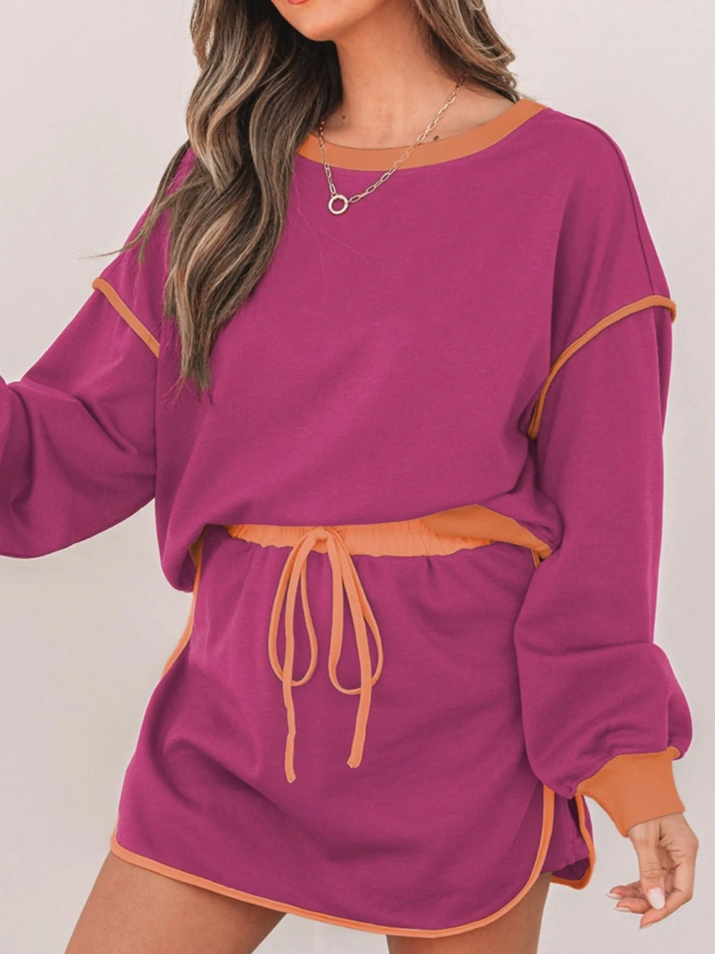 Contrast Trim Long Sleeve Top and Skort Set.