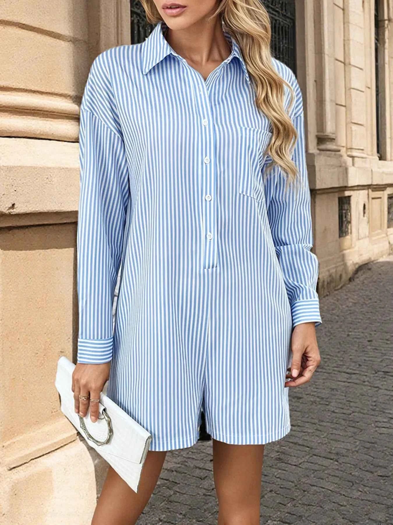 Striped Button Front Long Sleeve Romper