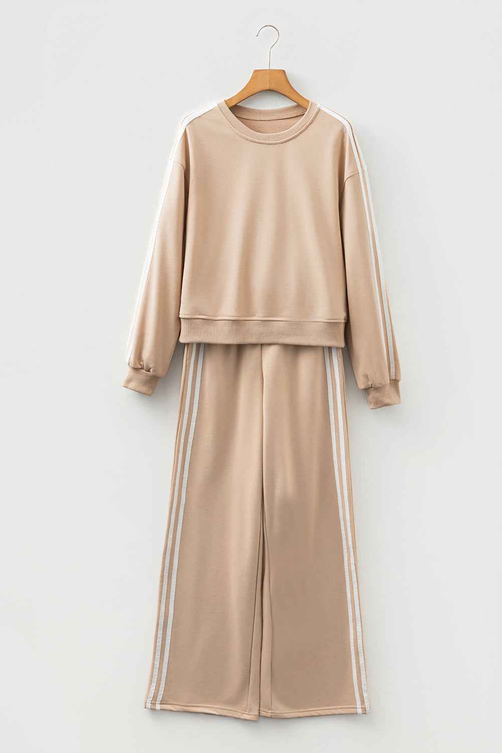 Oatmeal Varsity Striped Detail Crewneck Pullover Elastic Sweatpants 2pcs Outfit