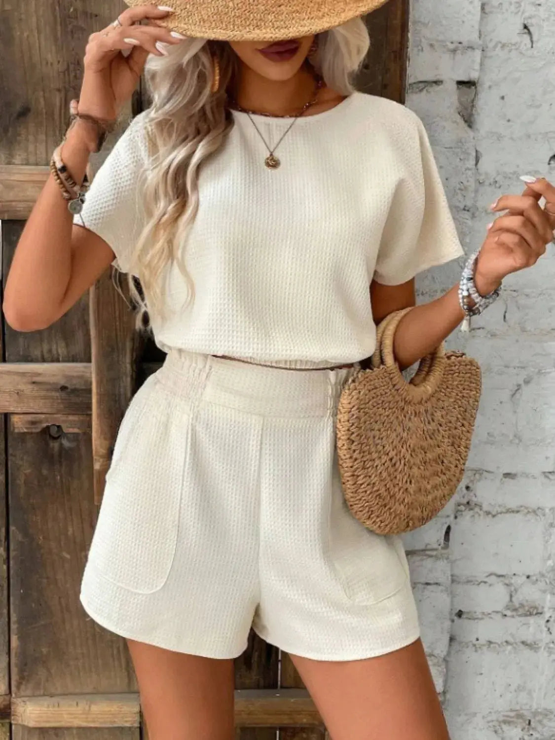 Round Neck Short Sleeve Top and Shorts Set.