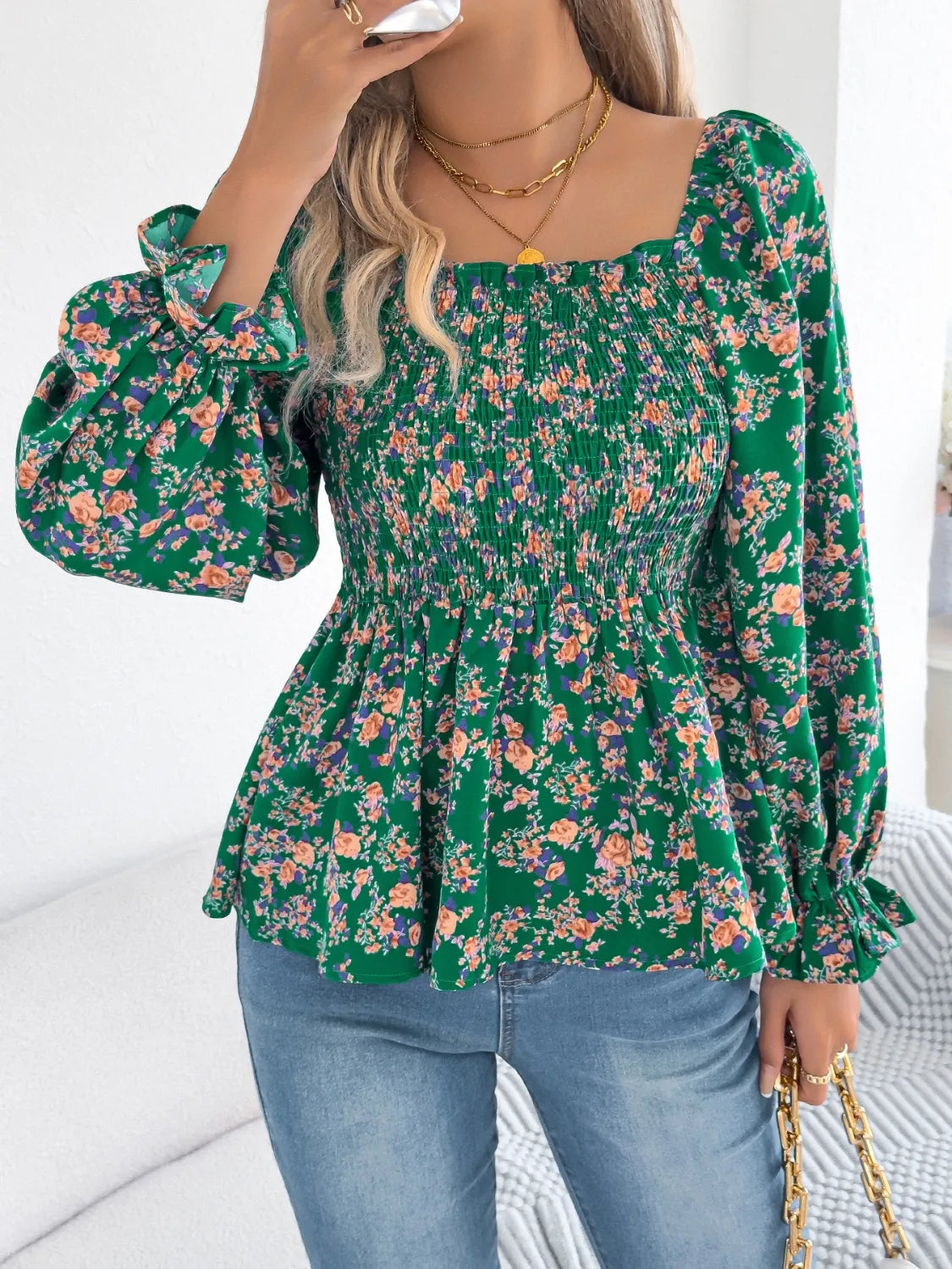 Floral Square Neck Flounce Sleeve Blouse.