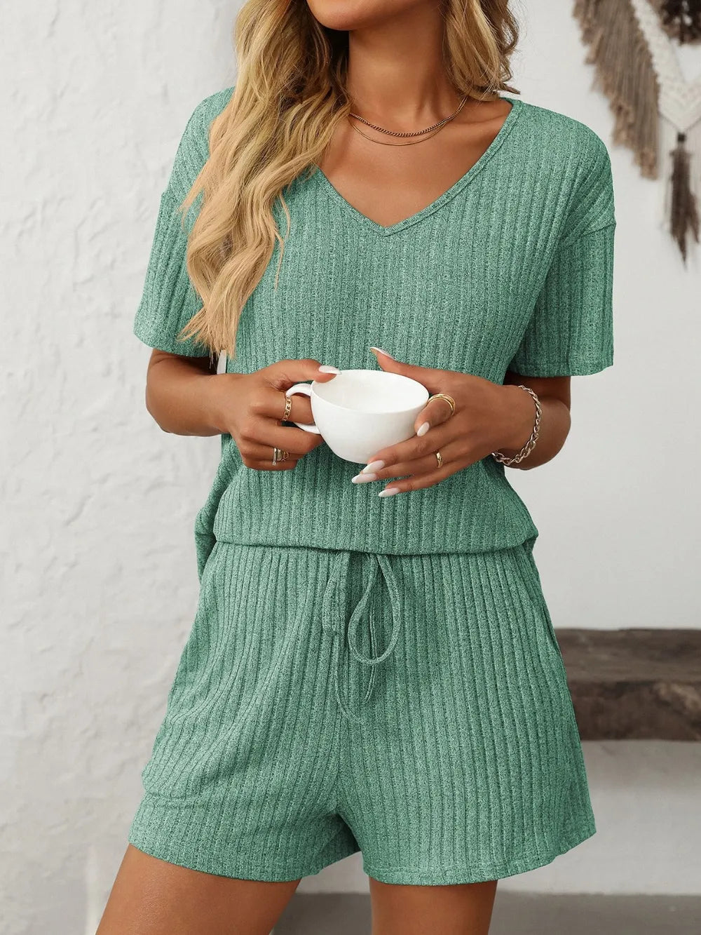 V-Neck Short Sleeve Top and Shorts Set.