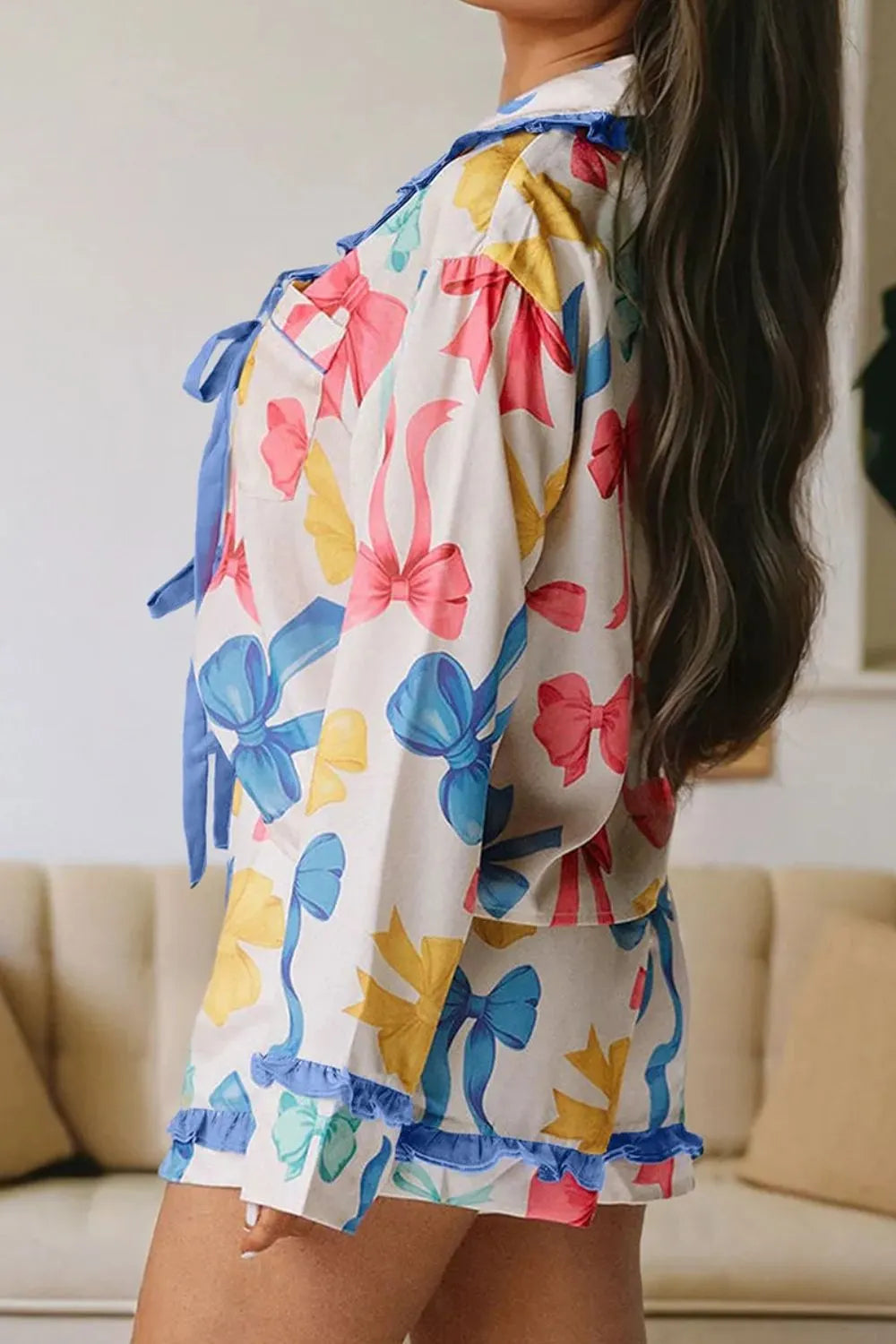 Bow Print Collared Neck Top and Shorts Lounge Set women.