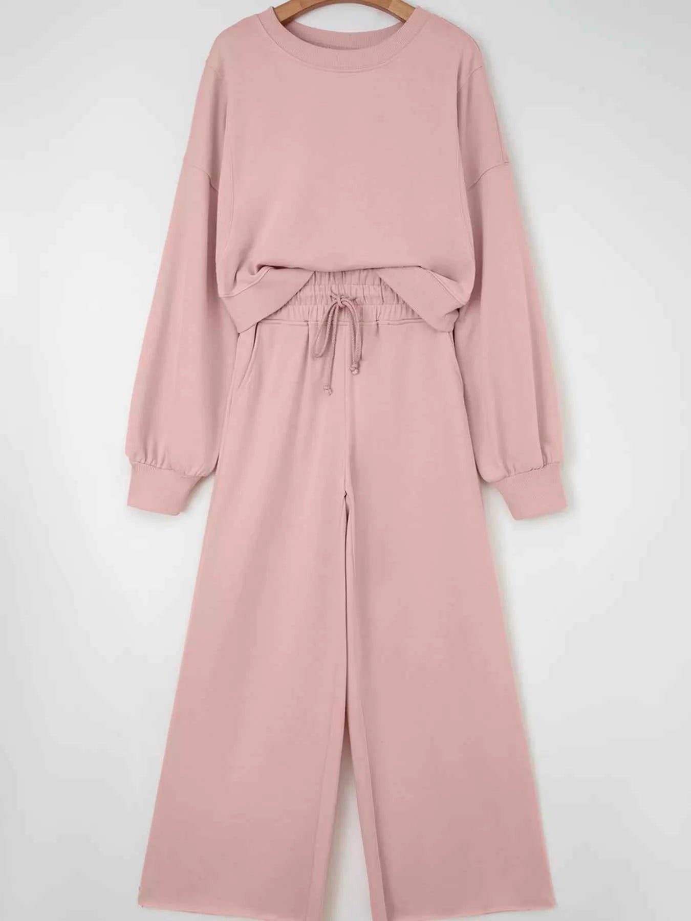 Drop Shoulder Puff Sleeve Crop Top and Drawstring Wide Leg Pants Set