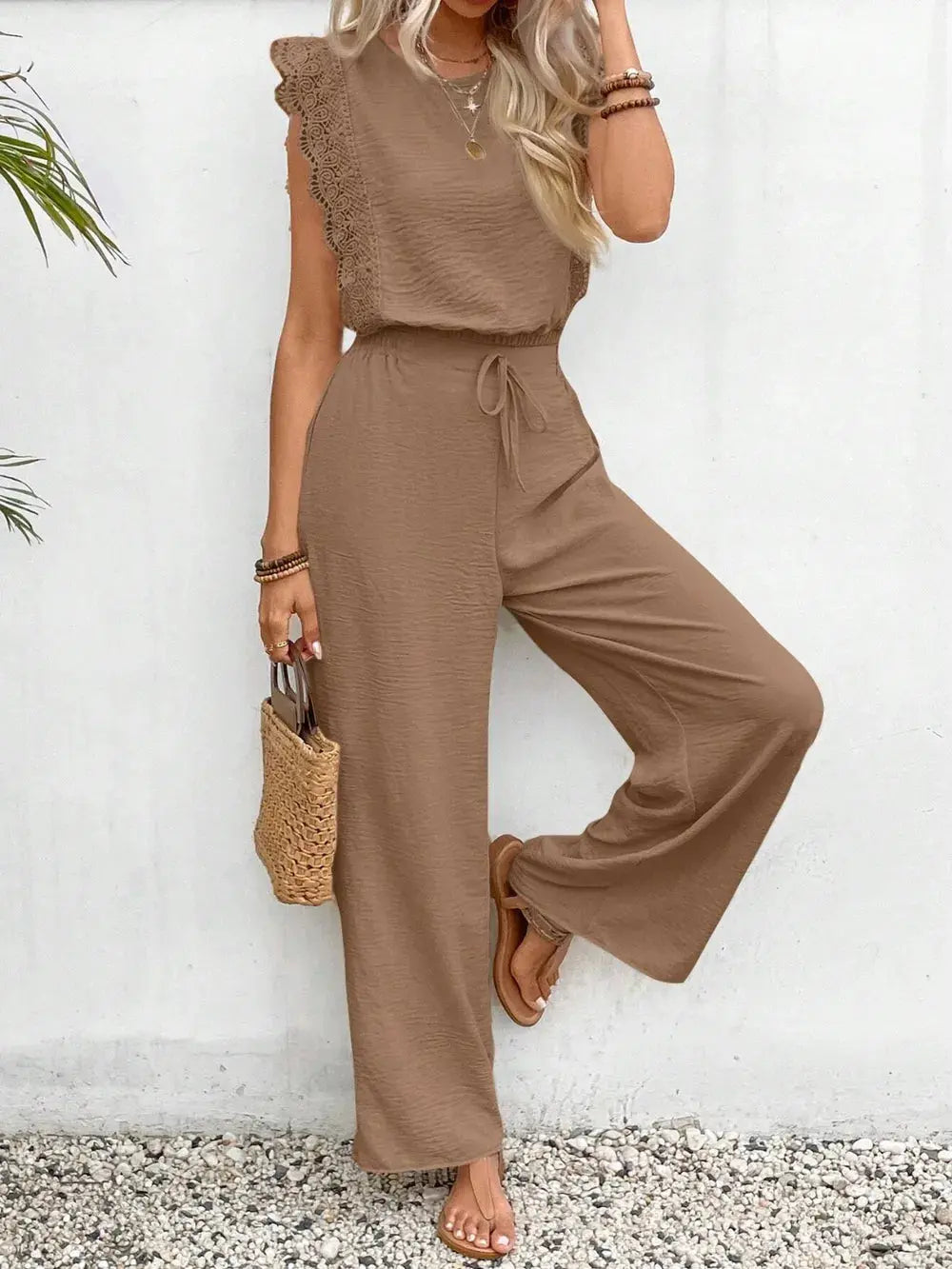 Lace Trim Round Neck Top and Pants Set - CHIC TB