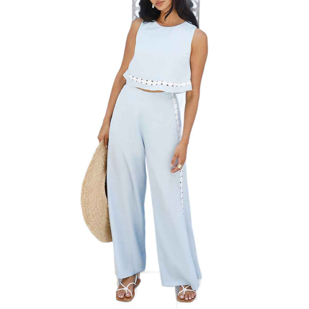Light Blue Embroidered Wide Leg Pants Set Women Fashion Casual Two-Piece Set