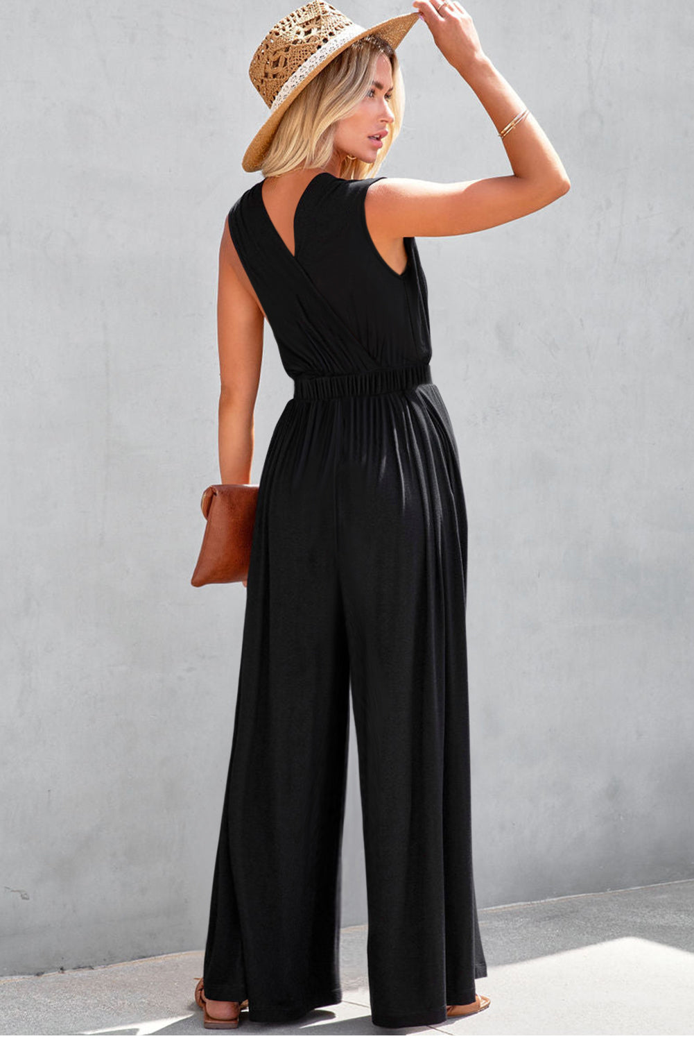 Black Deep V Pleated Crisscross Wide Leg Backless Jumpsuit Dear-Lover Dropshipping