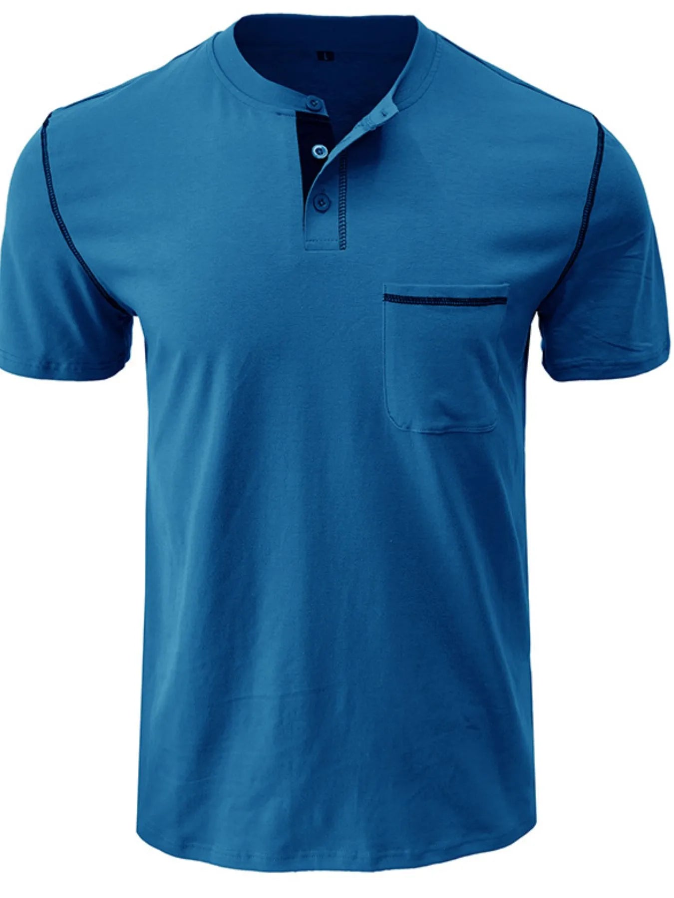 Men's Full Size Casual Henley T-Shirt with Contrast Stitching and Pocket Plus Size.