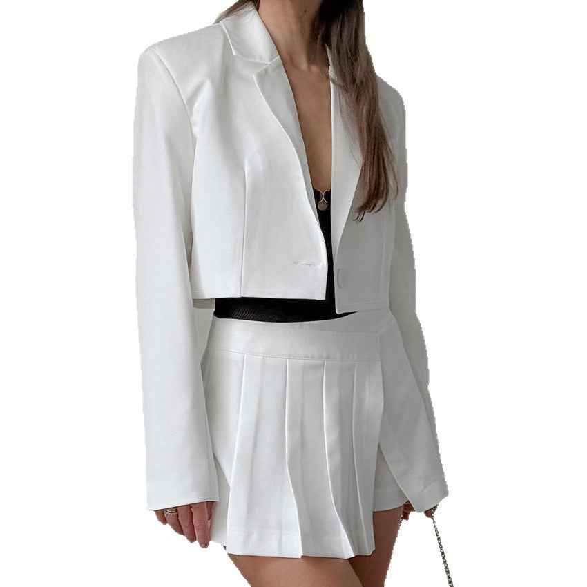 Autumn short long sleeved suit with split skirt and pants two-piece set