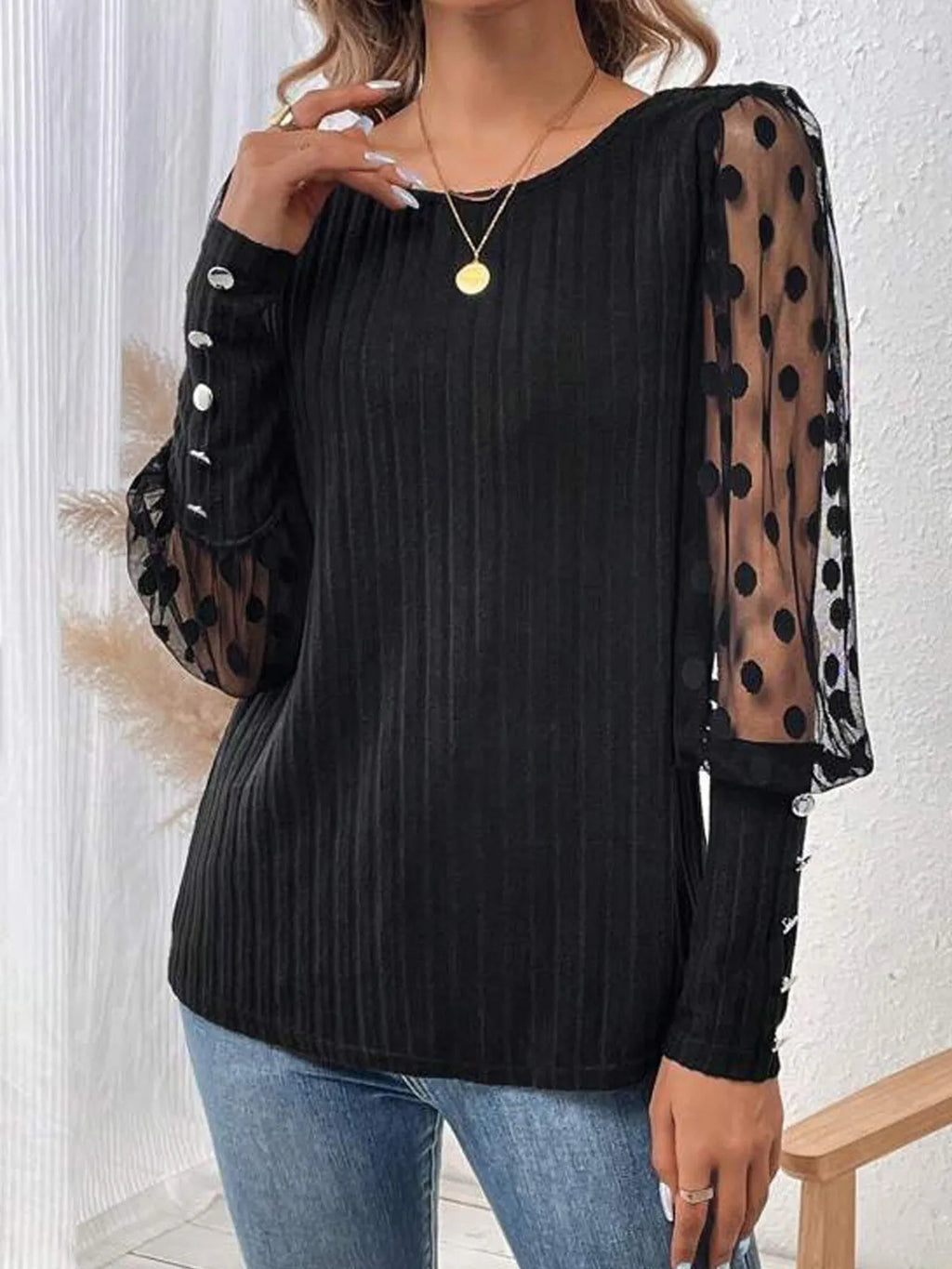 Polka Dot Sheer Sleeve Blouse.