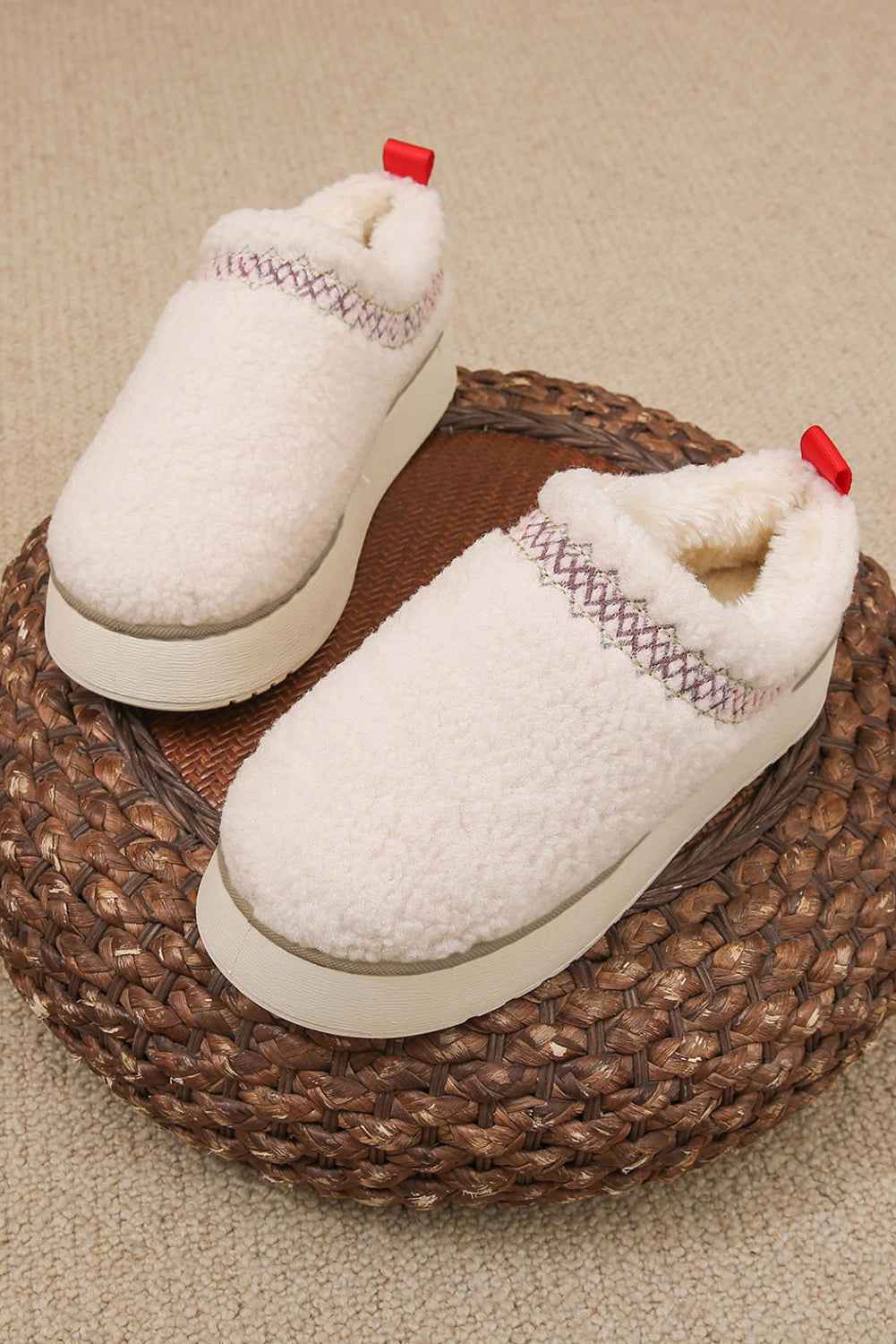 White Embroidered Sherpa Plush Thick Sole Winter Slippers