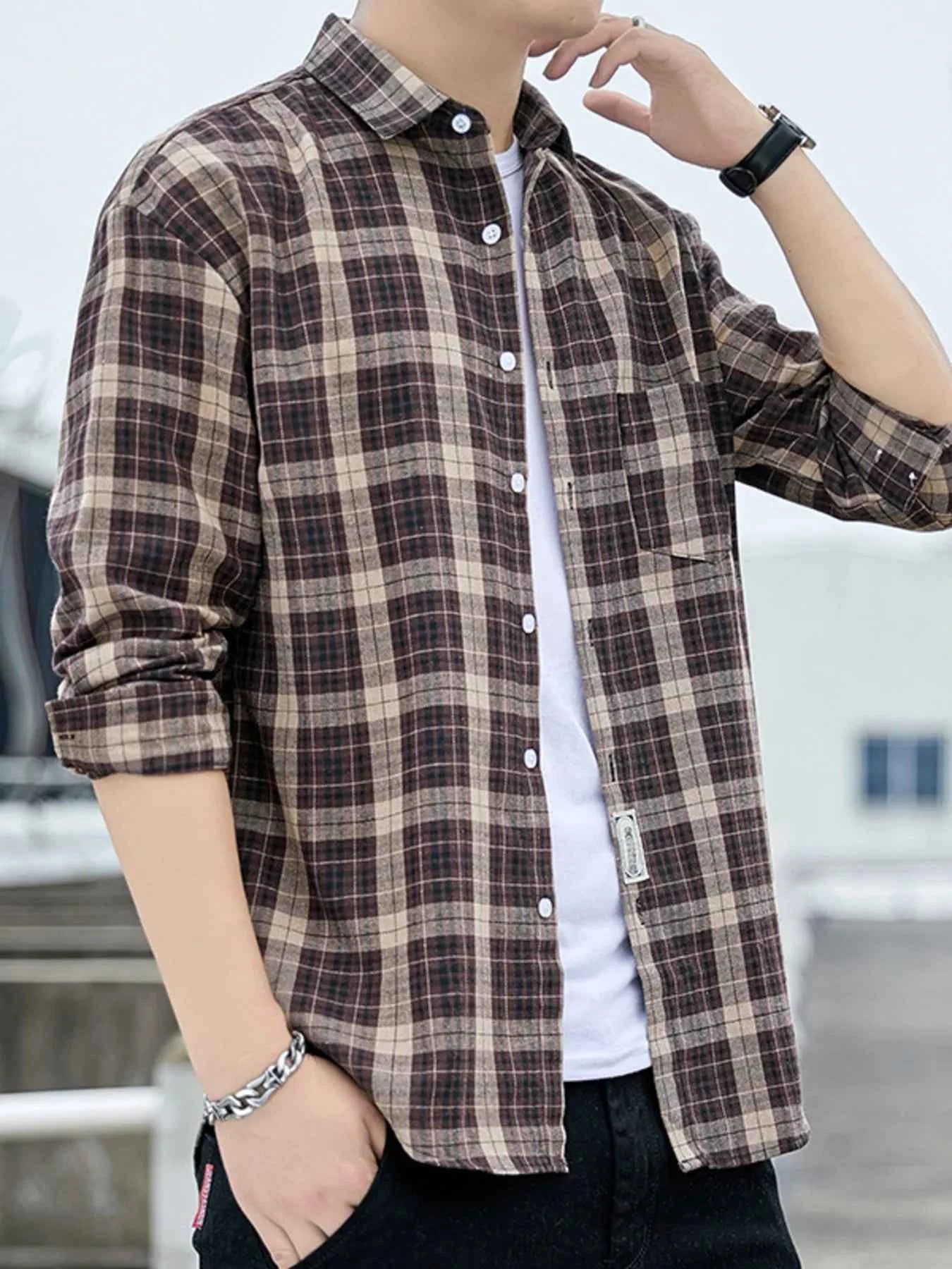 Men's Plus Size Casual Plaid Long Sleeve Shirt