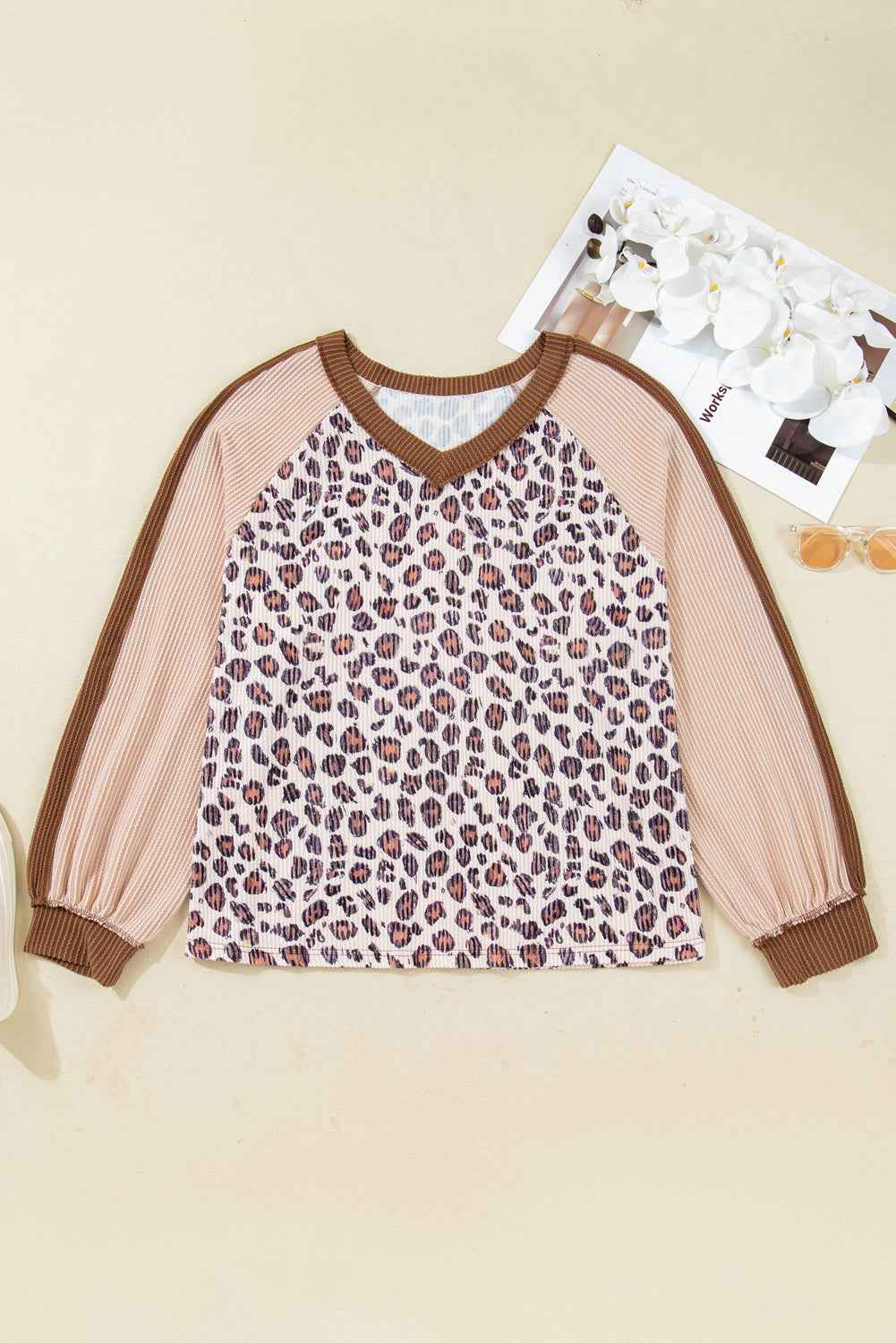 Parchment Leopard Colorblock Patchwork Twist Ribbed Plus Size V Neck Baggy Pullover