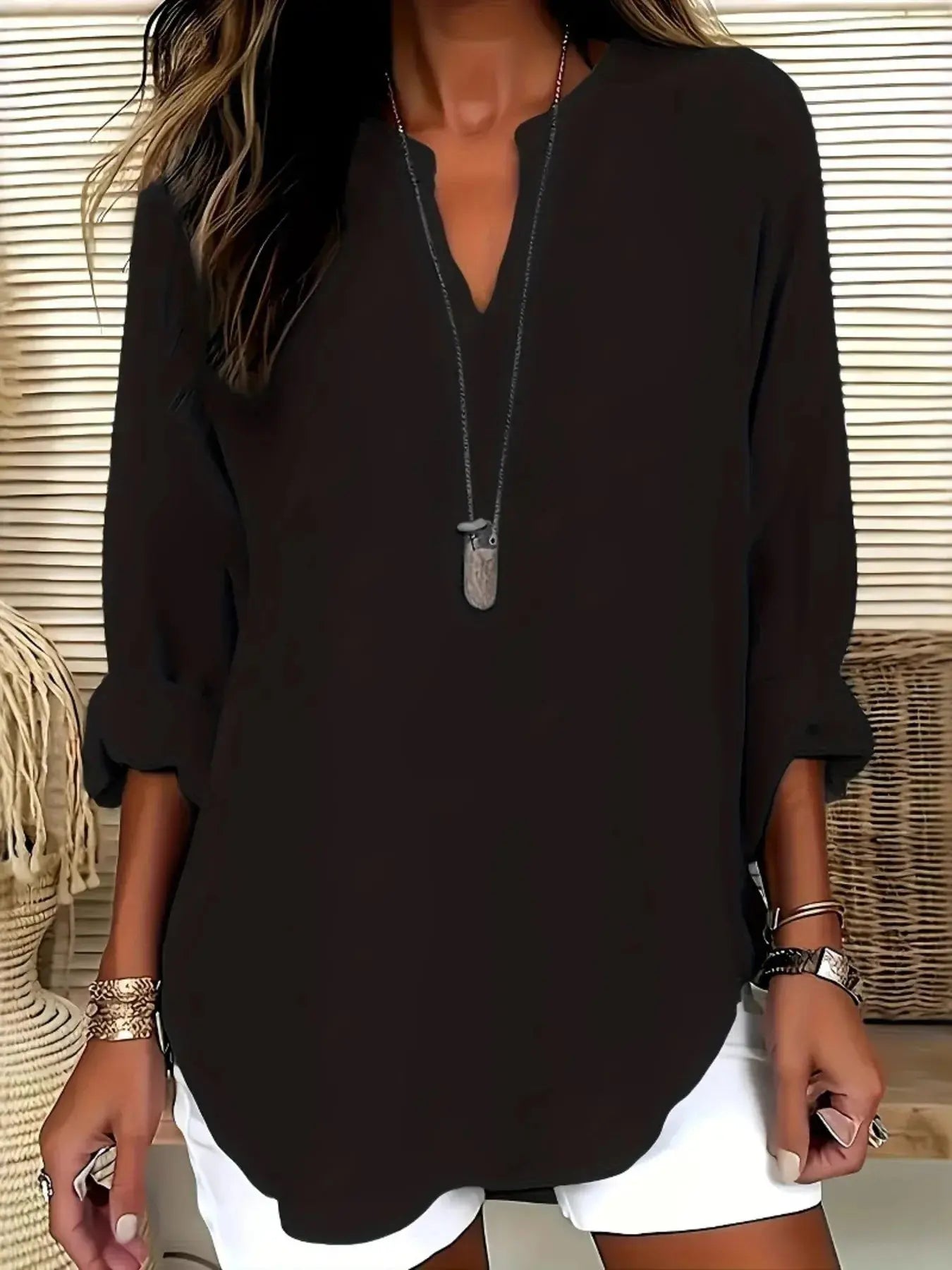 Notched Long Sleeve Casual Blouse.