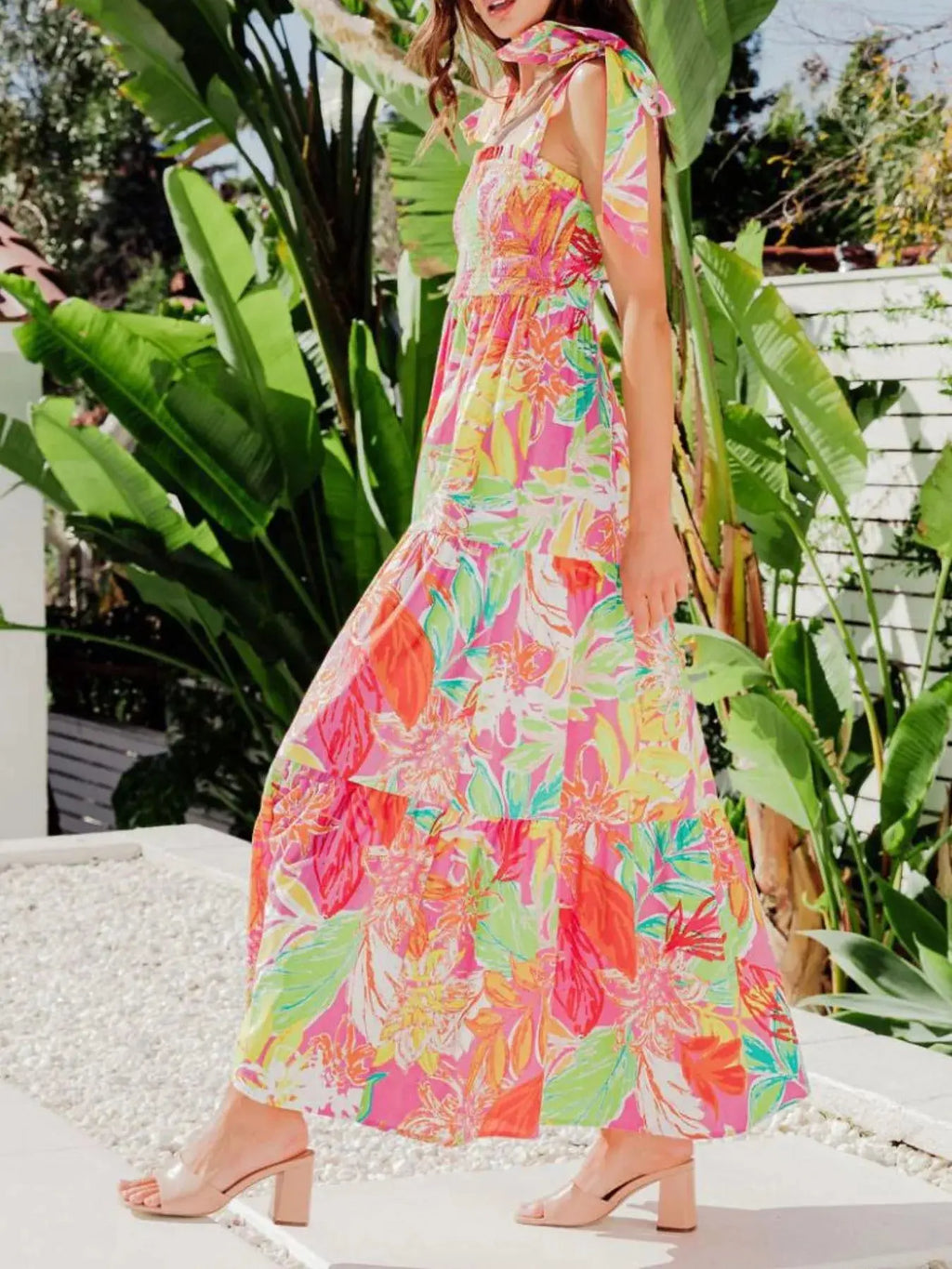 Tropical Print Tie Shoulder Maxi Dress.