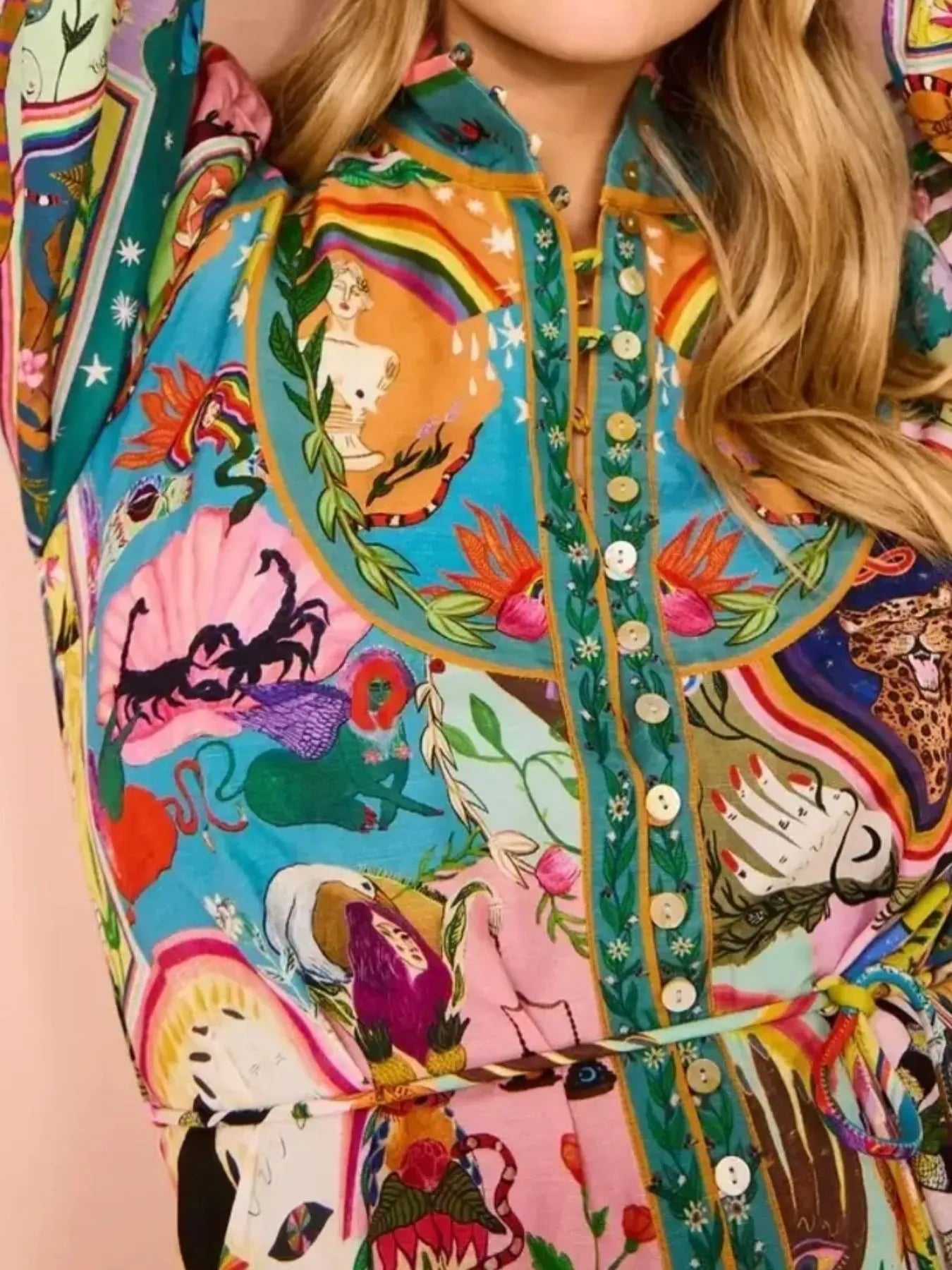 Colorful long Sleeve Mini Dress with Belt.