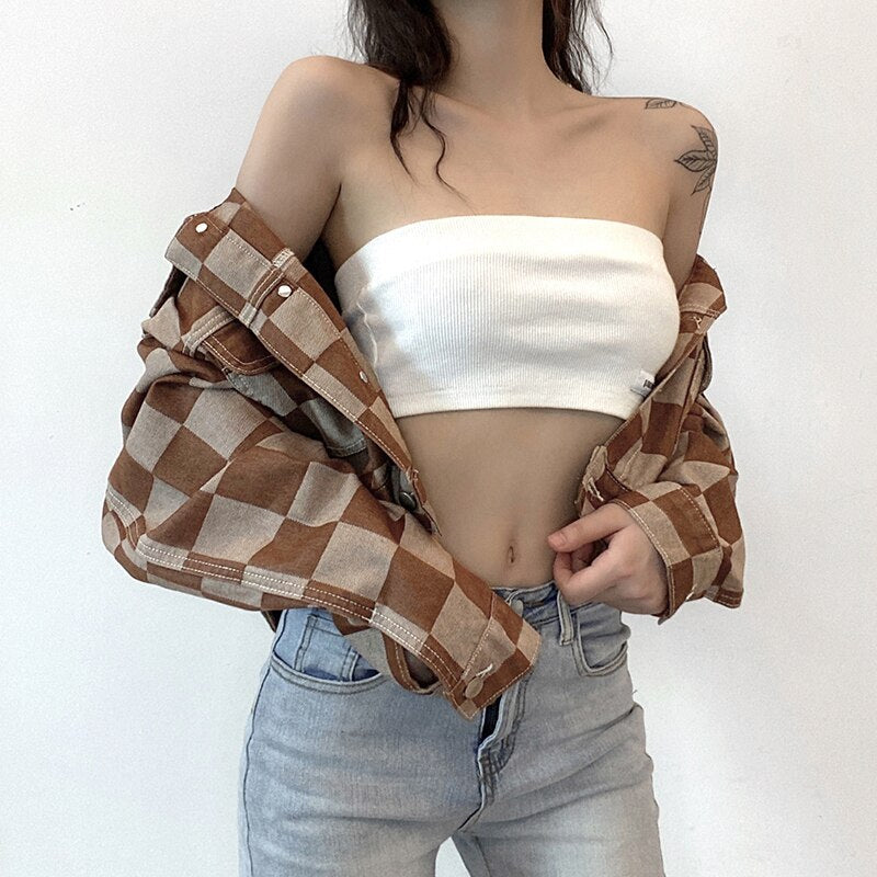 Vintage Brown Plaid Print Short Denim Jacket Women Korean Style Button Loose Jeans Coat Autumn Harajuku Outerwear 90s Iamhotty eprolo