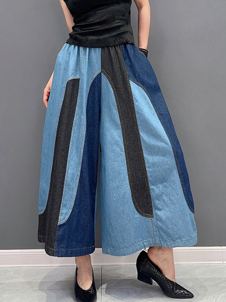 Fashion Casual Patchwork Elastic Waist Wide Leg Pants Ankle Length Pants Trendy Women Pants eprolo