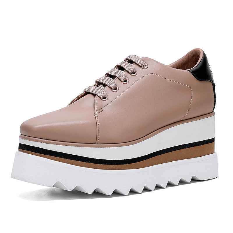 British Style Thick Platform Square Toe Wedge Heel Waterproof Platform Striped Platform Sole Tied Women's Single Shoes