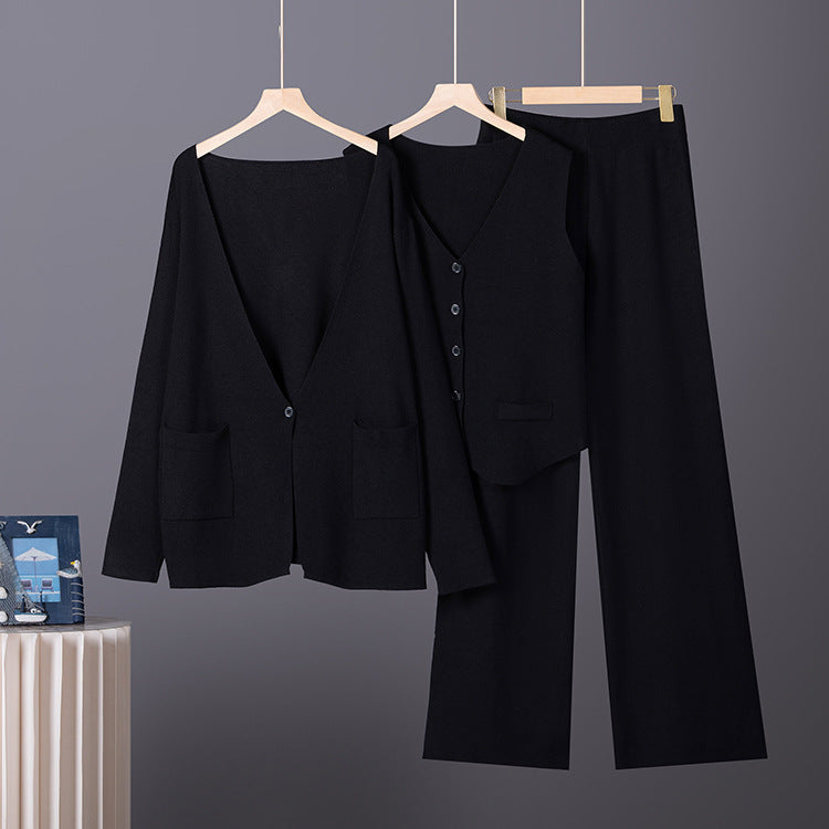 Three-Piece Jacket, Vest and Wide-Leg Pants Set