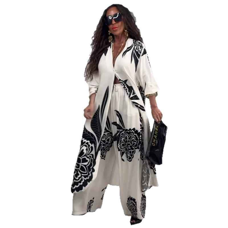 Printed top+wide leg pants two-piece set