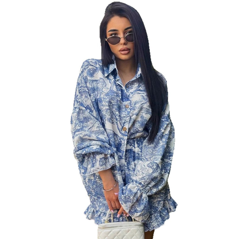 Women's Comfortable Casual Ruffle Hem Printed Notched Collar Long Sleeve Shorts Two-Piece Set