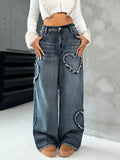 Style Street Retro Heart Frayed Patchwork Heavy Washed Denim Women's Loose Straight Leg Wide Leg Pants Ins