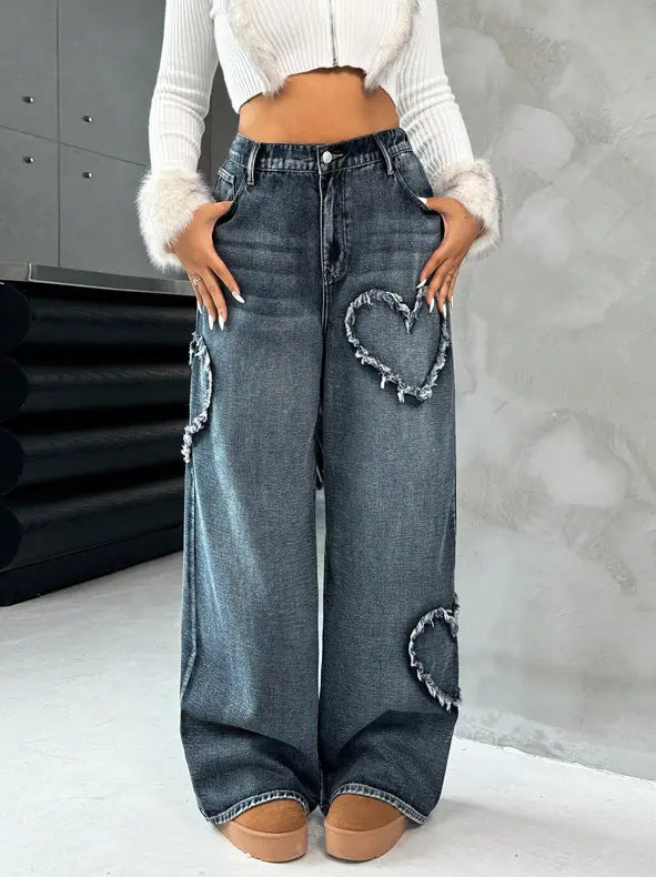 Style Street Retro Heart Frayed Patchwork Heavy Washed Denim Women's Loose Straight Leg Wide Leg Pants Ins
