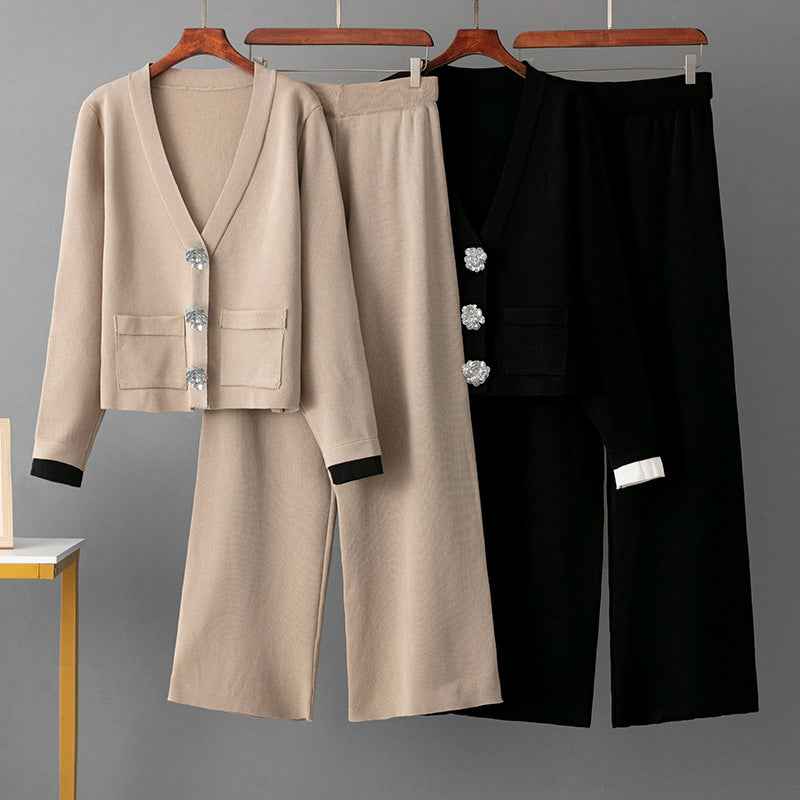 Cardigan suit sweater+slim straight leg pants two-piece set