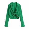 Zevity Women Fashion Turn Down Collar Knotted Green Color Short Smock Blouse Female Long Sleeve Slim Shirt Chic Crop Tops LS9465 eprolo
