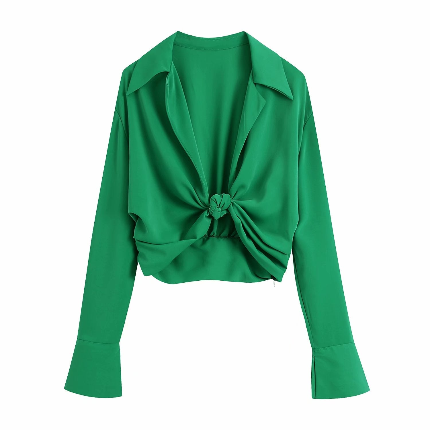 Zevity Women Fashion Turn Down Collar Knotted Green Color Short Smock Blouse Female Long Sleeve Slim Shirt Chic Crop Tops LS9465 eprolo